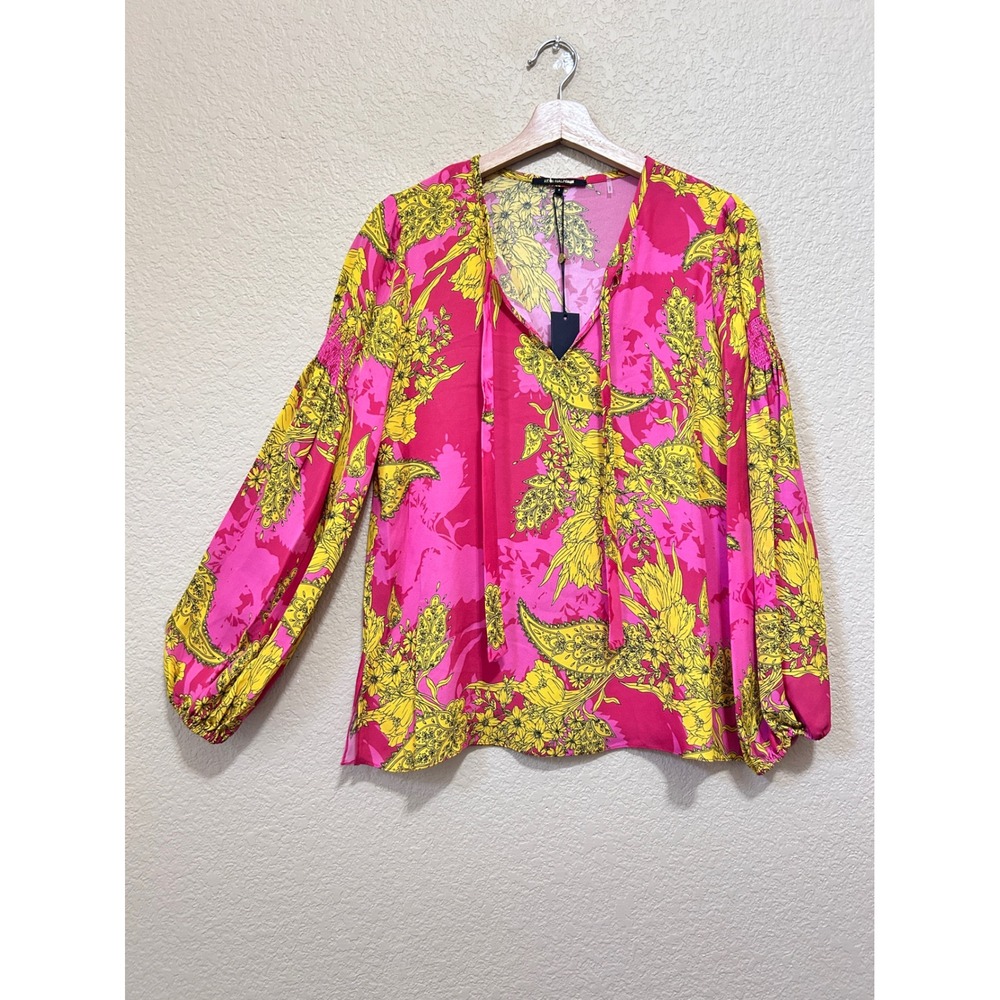 Kobi Halperin S Alysse Blouse Pink Azalea Multi Floral Silk Bishop Sleeve NWT
